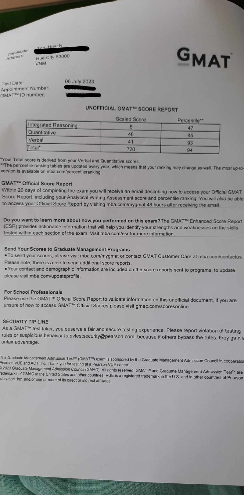 Bài đăng kết quả GMAT 720 của học viên tại Huế