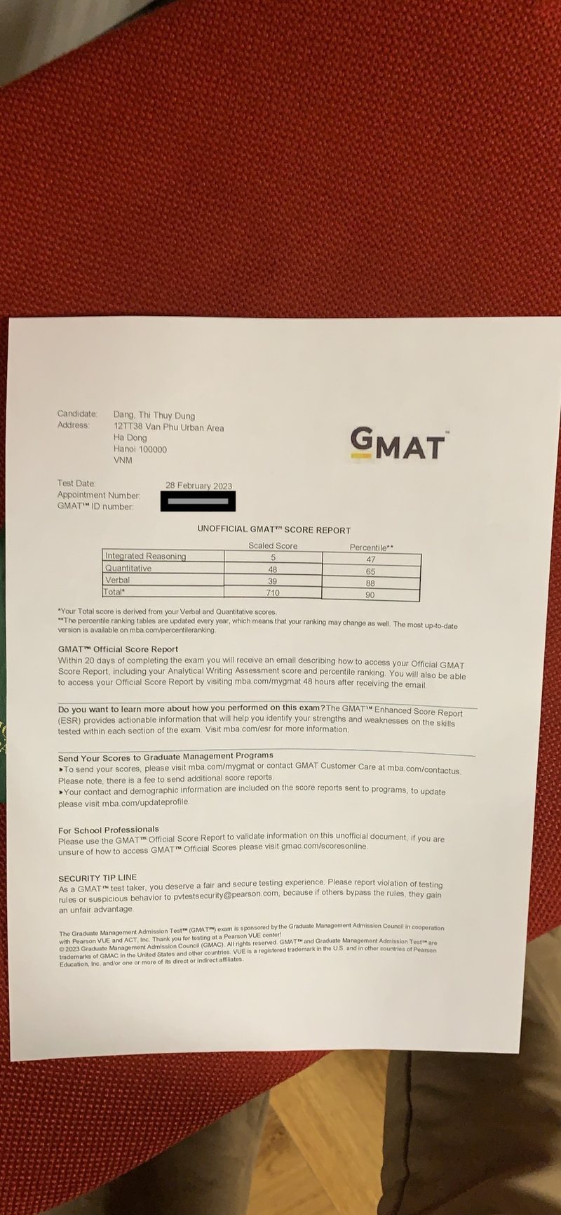 Bài đăng kết quả GMAT 710 của học viên Dung